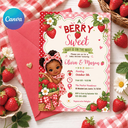 Berry Sweet Baby Shower Invitation with Baby Illustration — editable Canva template