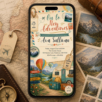On to New Adventures Farewell Invitation with Camper Van — invitation you personalize in Canva