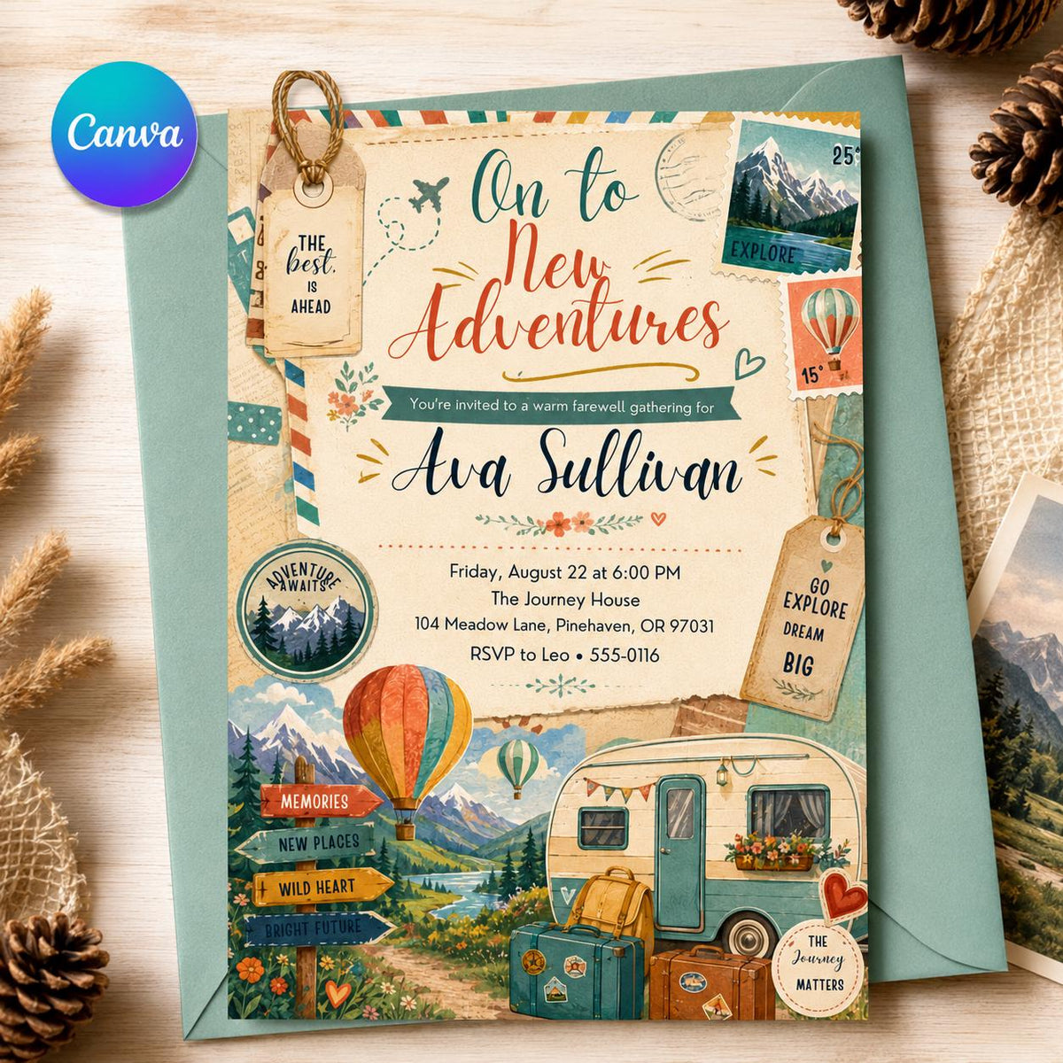 On to New Adventures Farewell Invitation with Camper Van — editable Canva template
