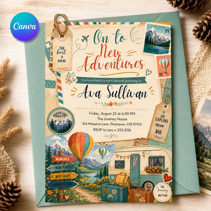 On to New Adventures Farewell Invitation with Camper Van — editable Canva template