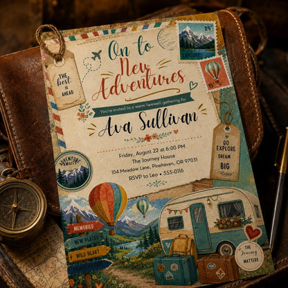 On to New Adventures Farewell Invitation with Camper Van — mountains and travel artwork in cream and orange