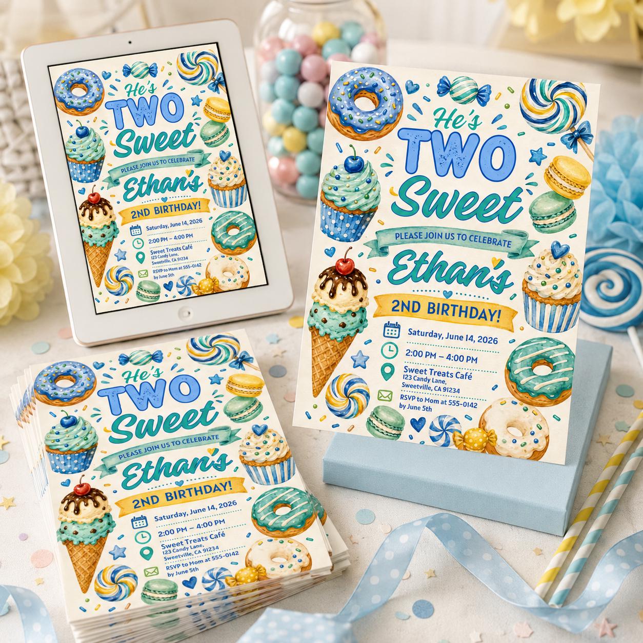 Two Sweet Birthday Invitation Girl Second Birthday Dessert Theme Invite Candy Donut Ice Cream Sweets Party, 2nd Birthday , Canva Template __etsy:8068077438