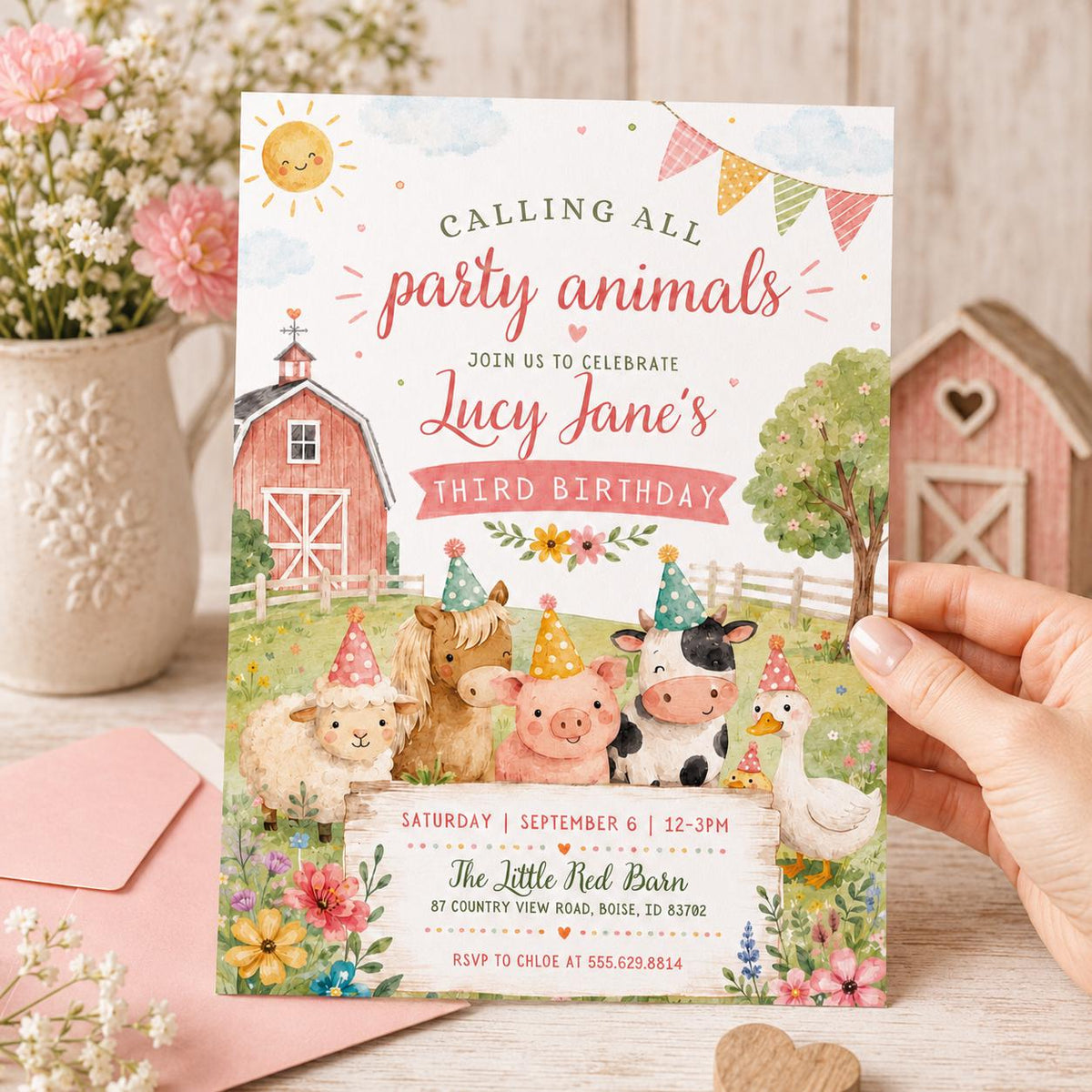Pink Barnyard 3rd Birthday Invitation with Party Animals — invitation you personalize in Canva