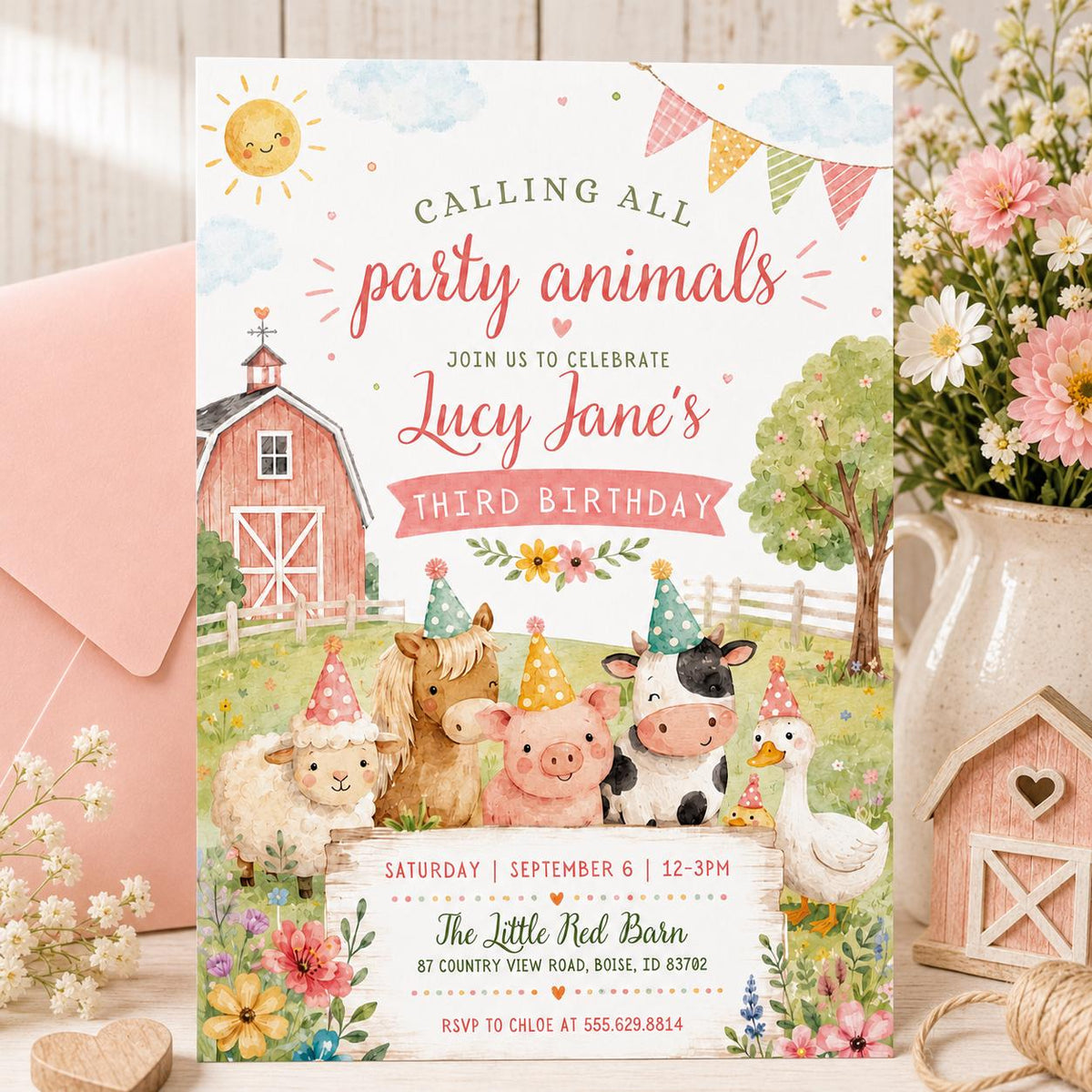 Pink Barnyard 3rd Birthday Invitation with Party Animals — farm design