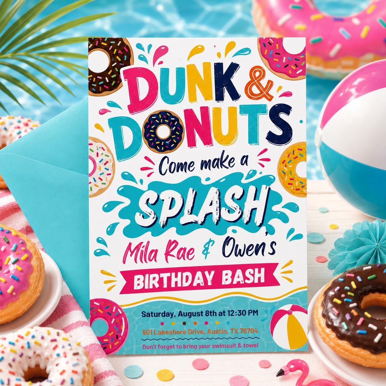 Donut Birthday Invitation, Dunk and Donuts Invite, Editable Donut Pool Party Invite, Kids Summer Celebration, Sweet Treat Party, Canva __etsy:8070585809