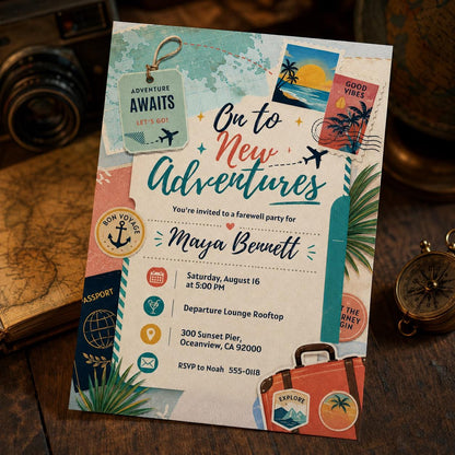 On to New Adventures Farewell Invitation with Travel Stamps — invitation you personalize in Canva