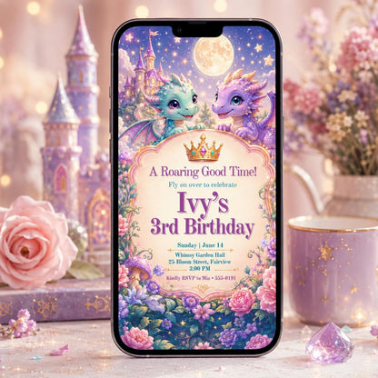 Pastel Dragon 3rd Birthday Invitation with Moonlit Castle — print-ready 3rd birthday party design from VoltBy