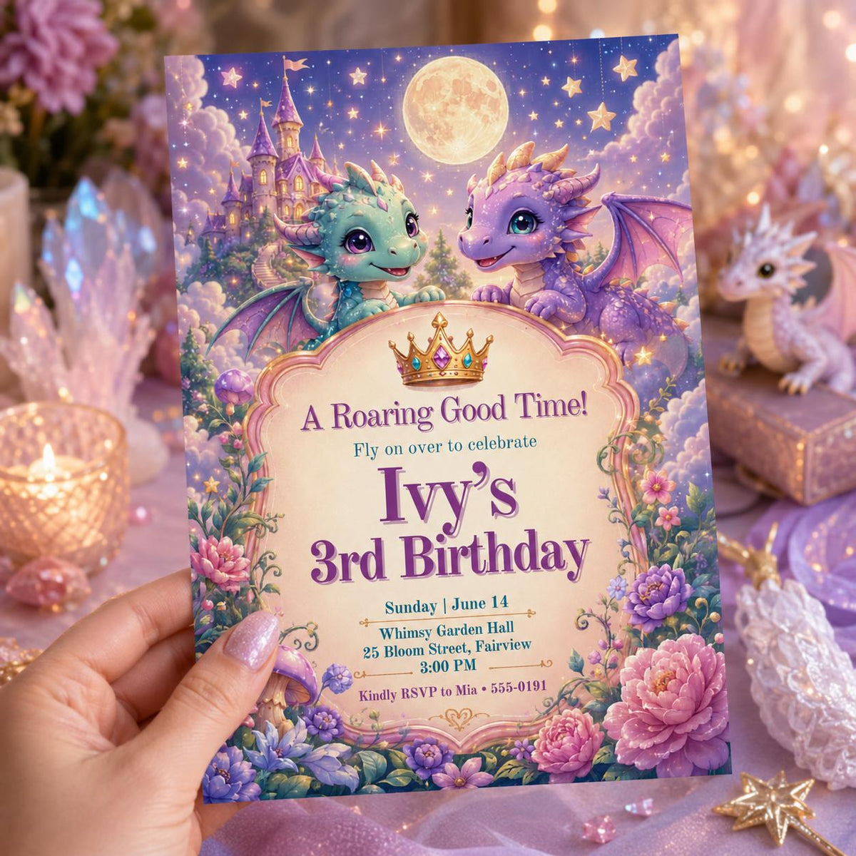 Pastel Dragon 3rd Birthday Invitation with Moonlit Castle — celestial artwork in green and pink