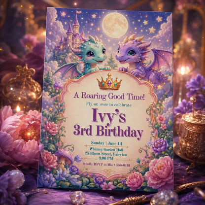Pastel Dragon 3rd Birthday Invitation with Moonlit Castle — celestial design