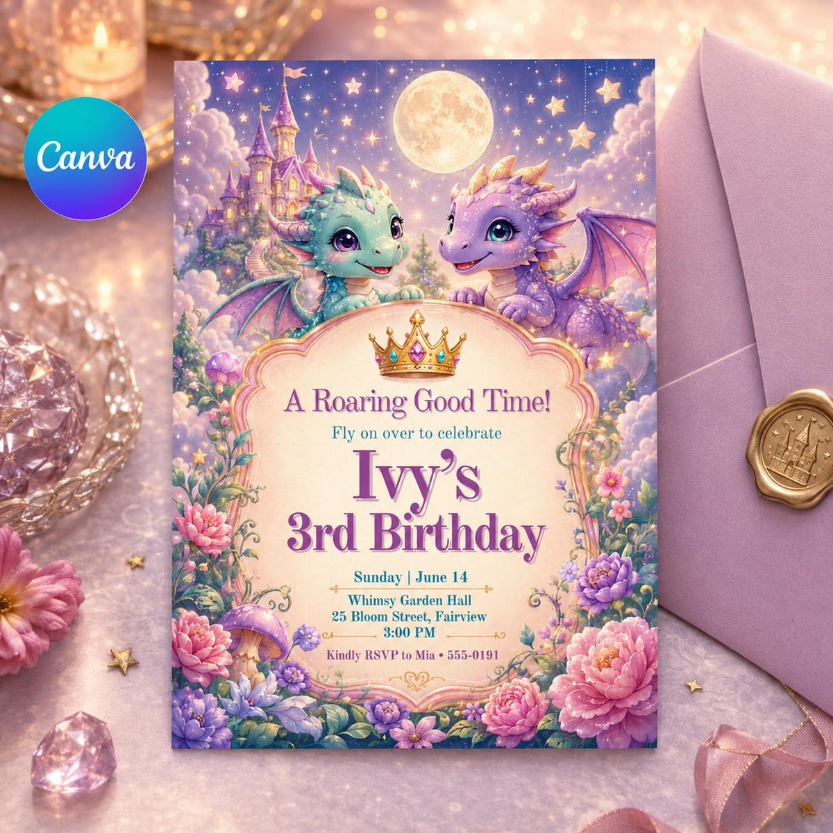Pastel Dragon 3rd Birthday Invitation with Moonlit Castle — editable Canva template