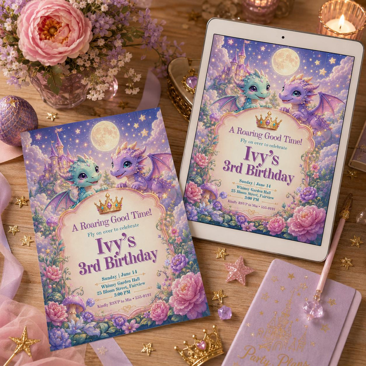 Pastel Dragon 3rd Birthday Invitation with Moonlit Castle — invitation you personalize in Canva