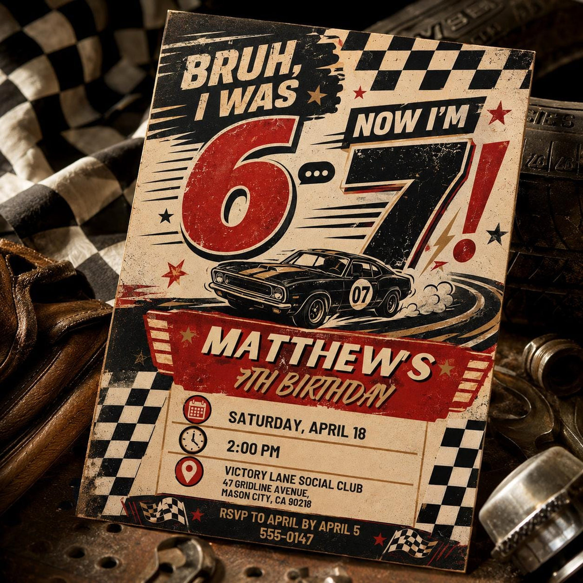 Race Car 7th Birthday Invitation: Six Seven Meme Birthday for Boys — 7th birthday party stationery by VoltBy