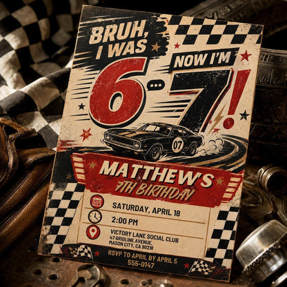 Race Car 7th Birthday Invitation: Six Seven Meme Birthday for Boys — 7th birthday party stationery by VoltBy