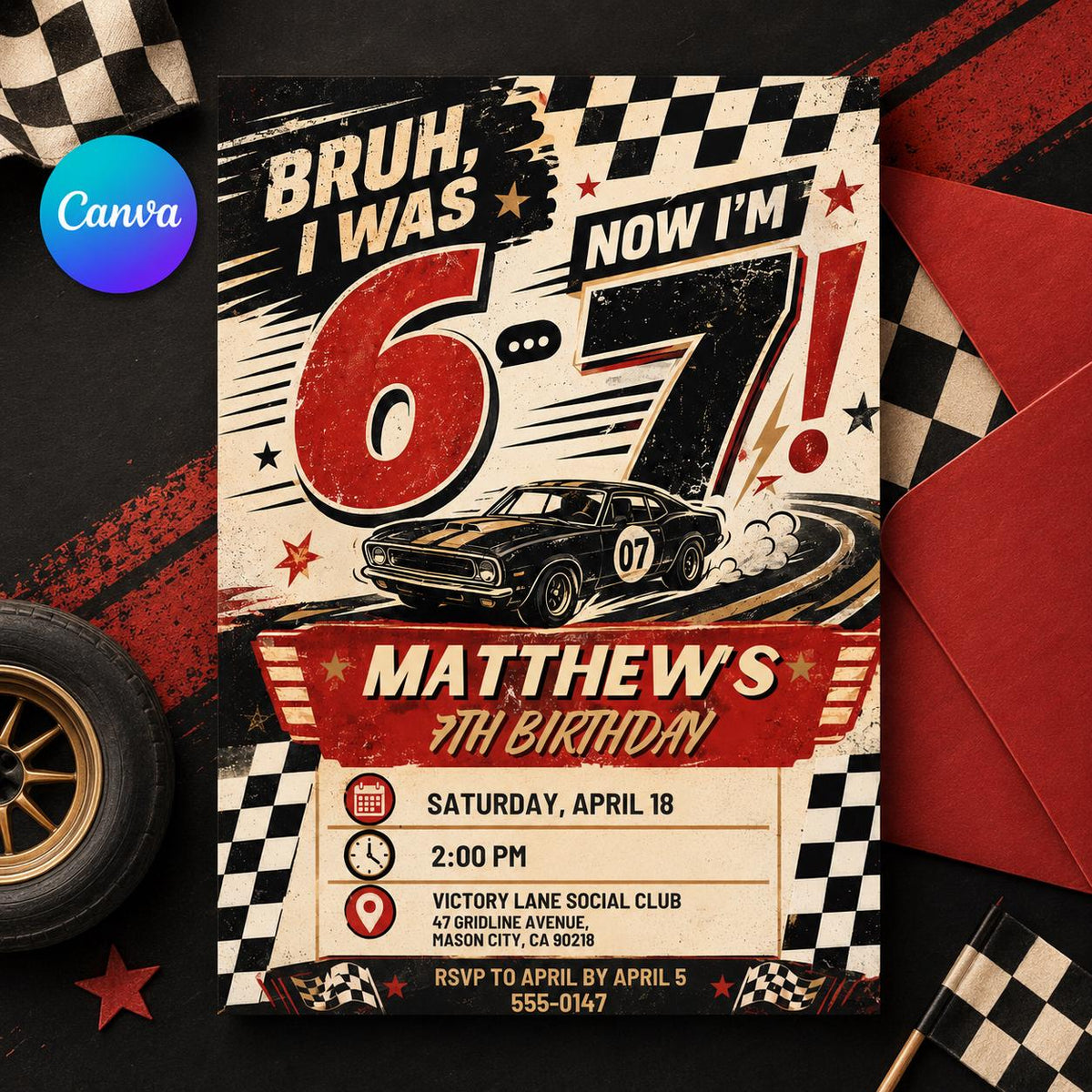 Race Car 7th Birthday Invitation: Six Seven Meme Birthday for Boys — editable Canva template