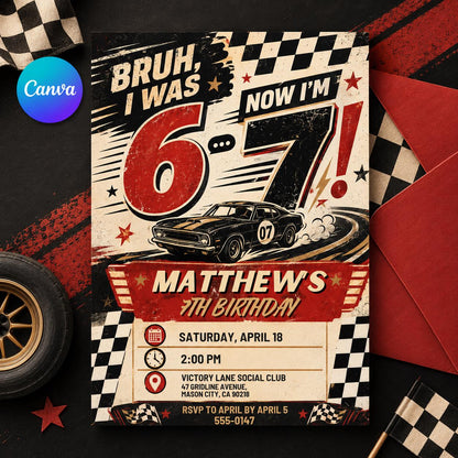 Race Car 7th Birthday Invitation: Six Seven Meme Birthday for Boys — editable Canva template