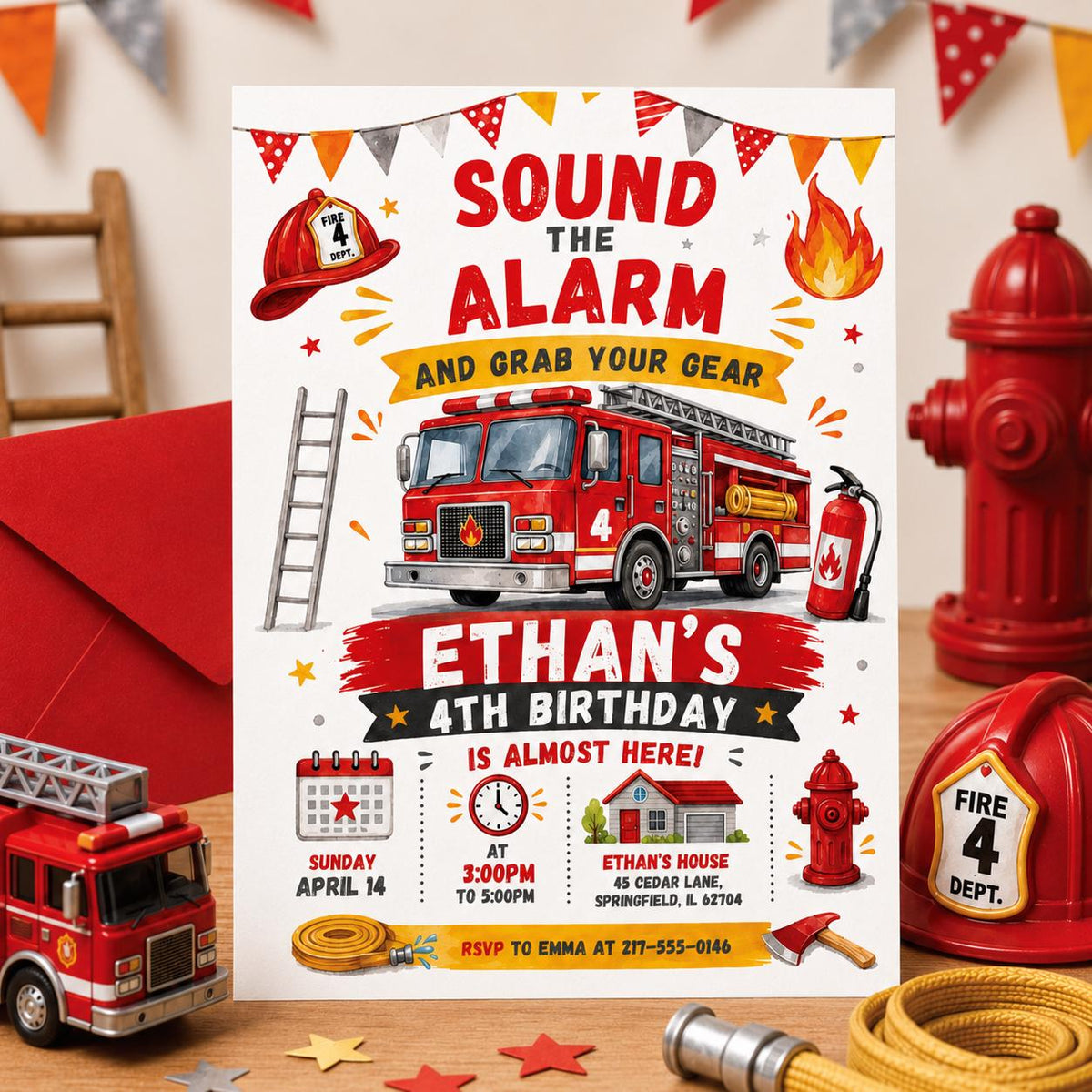Sound the Alarm Fire Engine 4th Birthday Invitation — print-ready 4th birthday party design from VoltBy