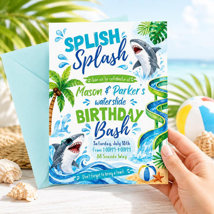 Shark Birthday Invitation, Waterslide Birthday Invite, Sibling Birthday Party, Summer Birthday Pool Party, Shark Waterslide Invitation Canva __etsy:8071381573