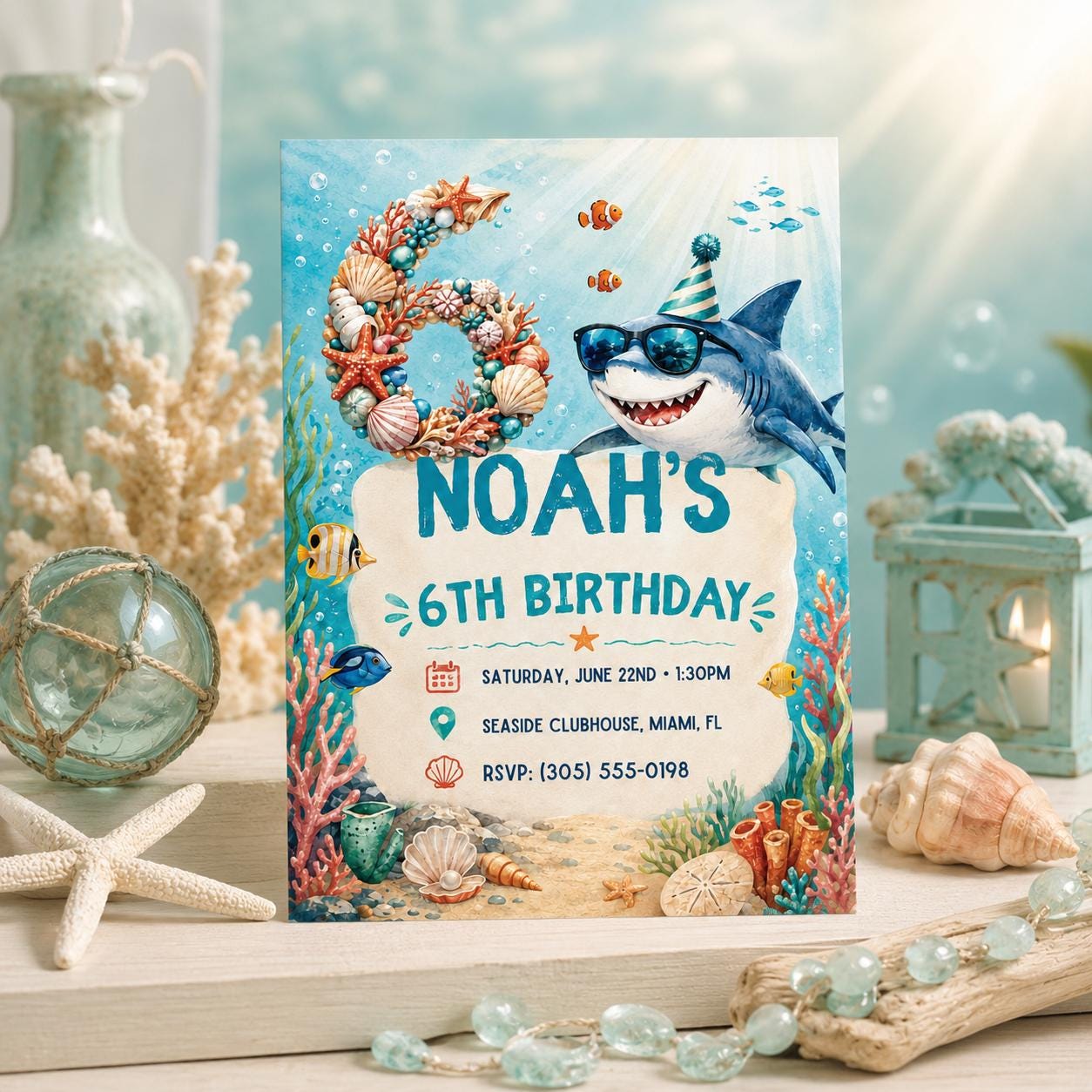Shark Invitation, 6th Shark Birthday Kids Ocean invite, Under The Sea Party, Ocean Party Invite for Boy, 6th Birthday Canva Template __etsy:8071382237