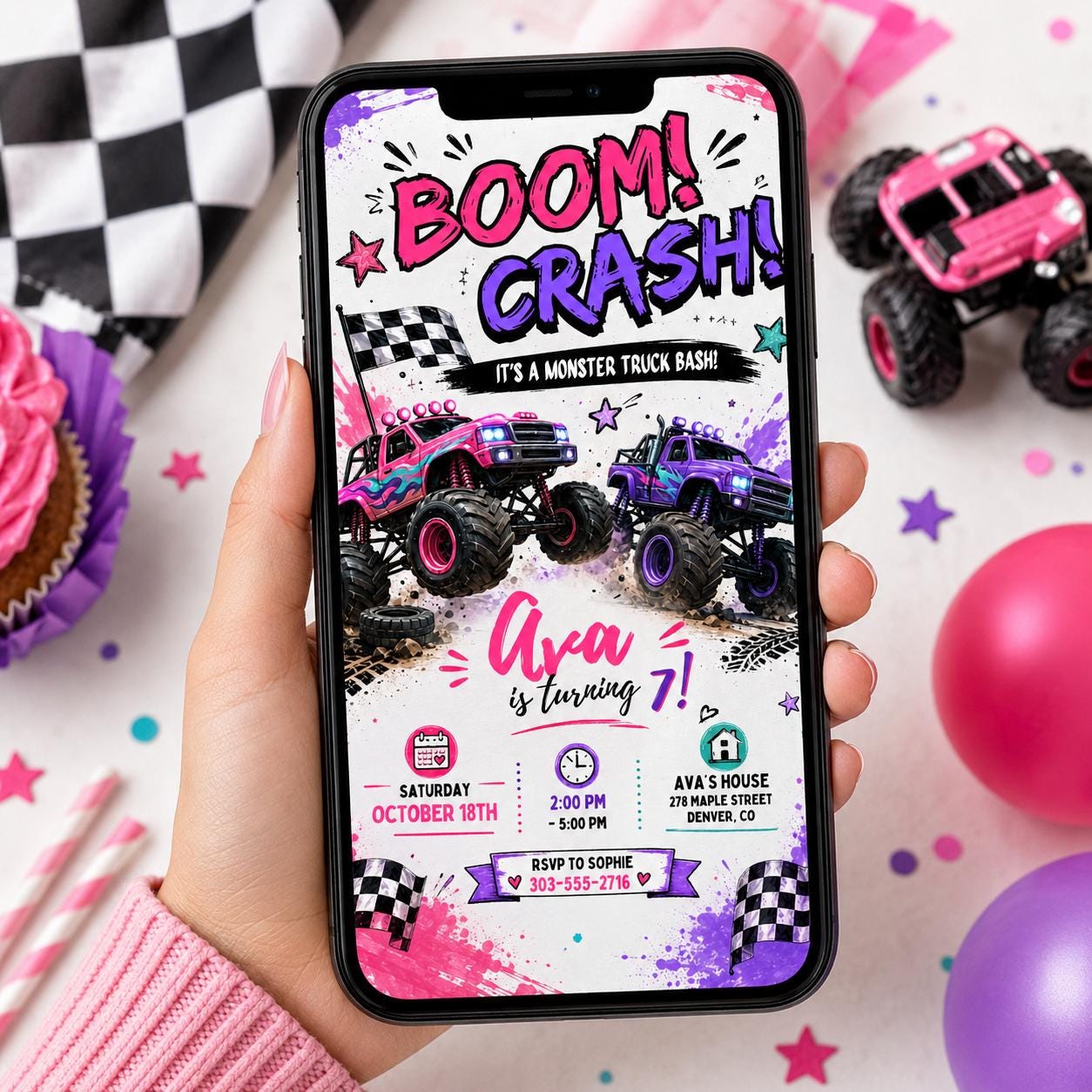 Monster Truck Birthday Invitation, Editable Boom Crash Monster, Bash Printable Invite, Trucks Birthday Template Girls Jam, any age, Canva __etsy:8071499814