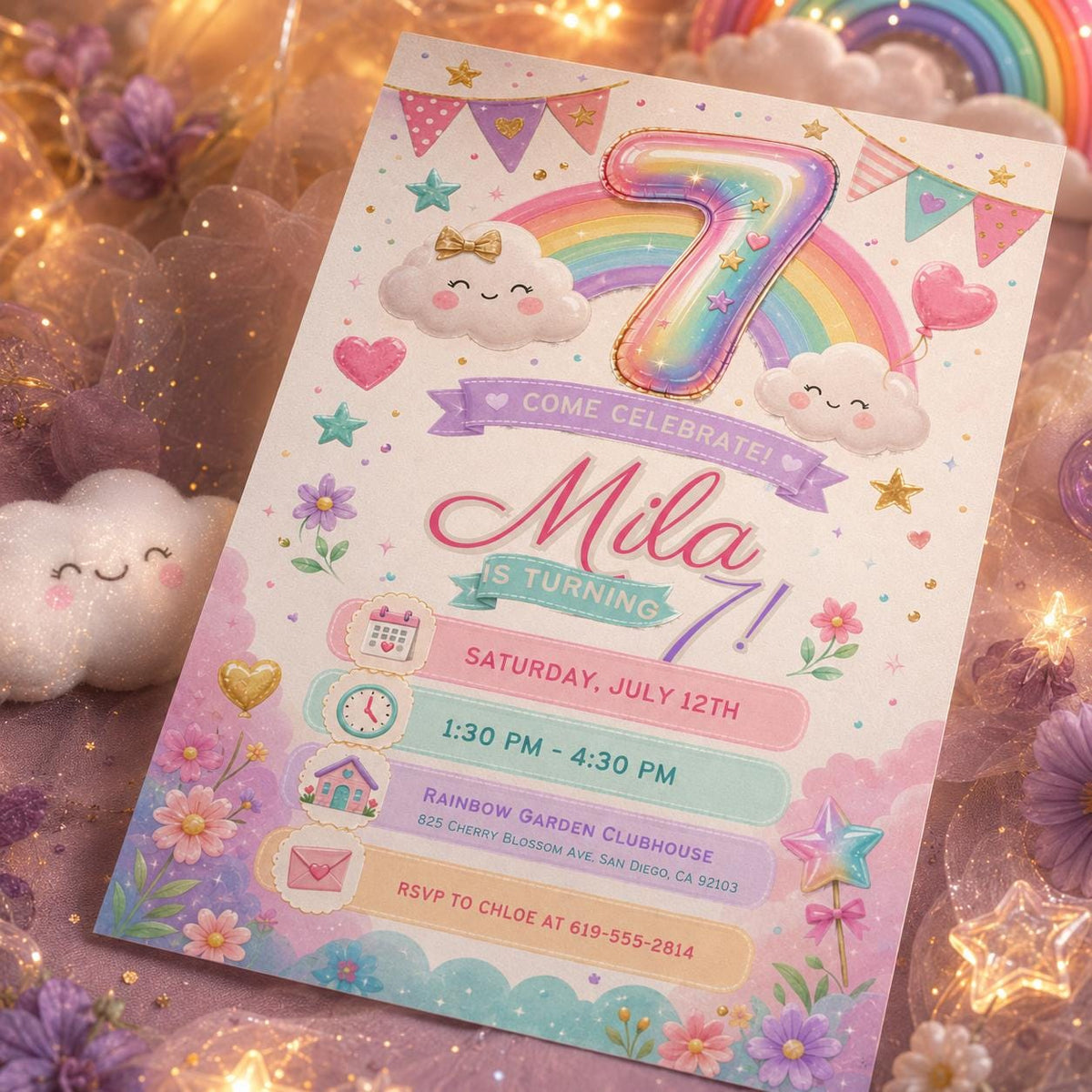 Pastel Rainbow 7th Birthday Invitation with Clouds and Bunting — invitation you personalize in Canva