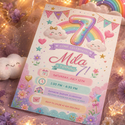 Pastel Rainbow 7th Birthday Invitation with Clouds and Bunting — invitation you personalize in Canva