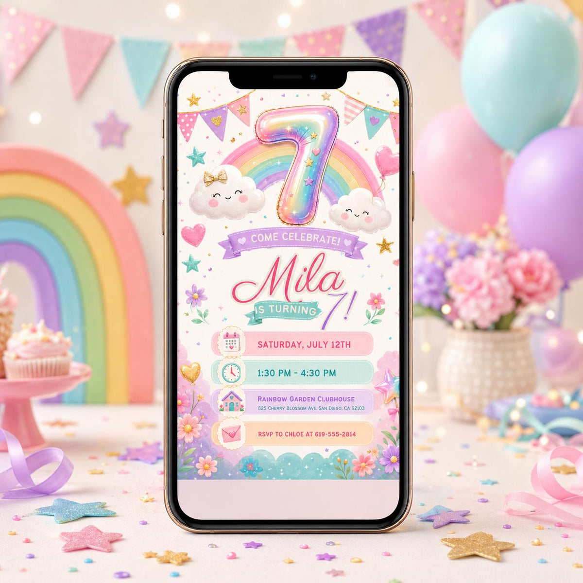 Pastel Rainbow 7th Birthday Invitation with Clouds and Bunting — 7th birthday party stationery by VoltBy