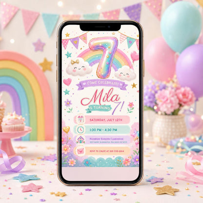 Pastel Rainbow 7th Birthday Invitation with Clouds and Bunting — 7th birthday party stationery by VoltBy