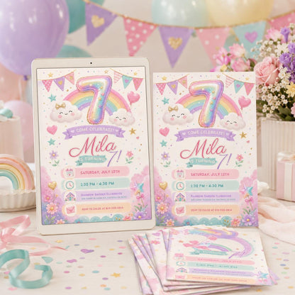Pastel Rainbow 7th Birthday Invitation with Clouds and Bunting — print-ready 7th birthday party design from VoltBy