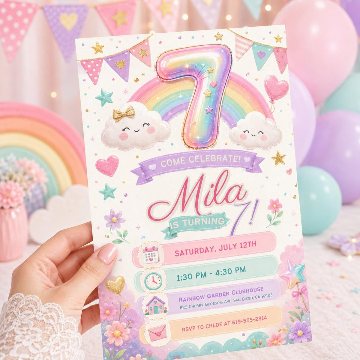 Pastel Rainbow 7th Birthday Invitation with Clouds and Bunting — digital invitation, instant download