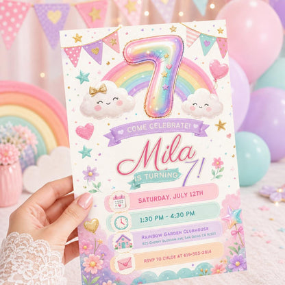 Pastel Rainbow 7th Birthday Invitation with Clouds and Bunting — digital invitation, instant download