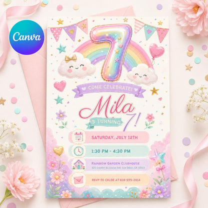 Pastel Rainbow 7th Birthday Invitation with Clouds and Bunting — editable Canva template