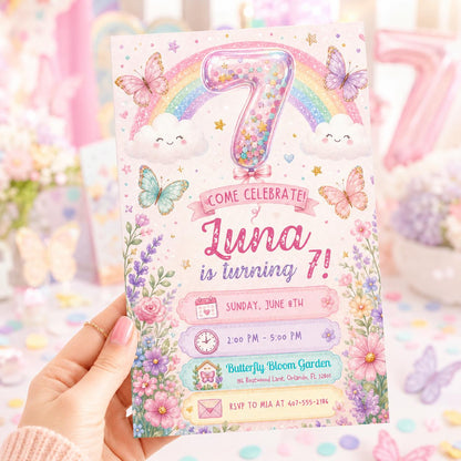 Sequin 7th Birthday Invitation, Glitter Sequins Number Birthday Invite, Sparkly Heart Party Template, Purple Hearts Birthday, Canva Template __etsy:8071579260