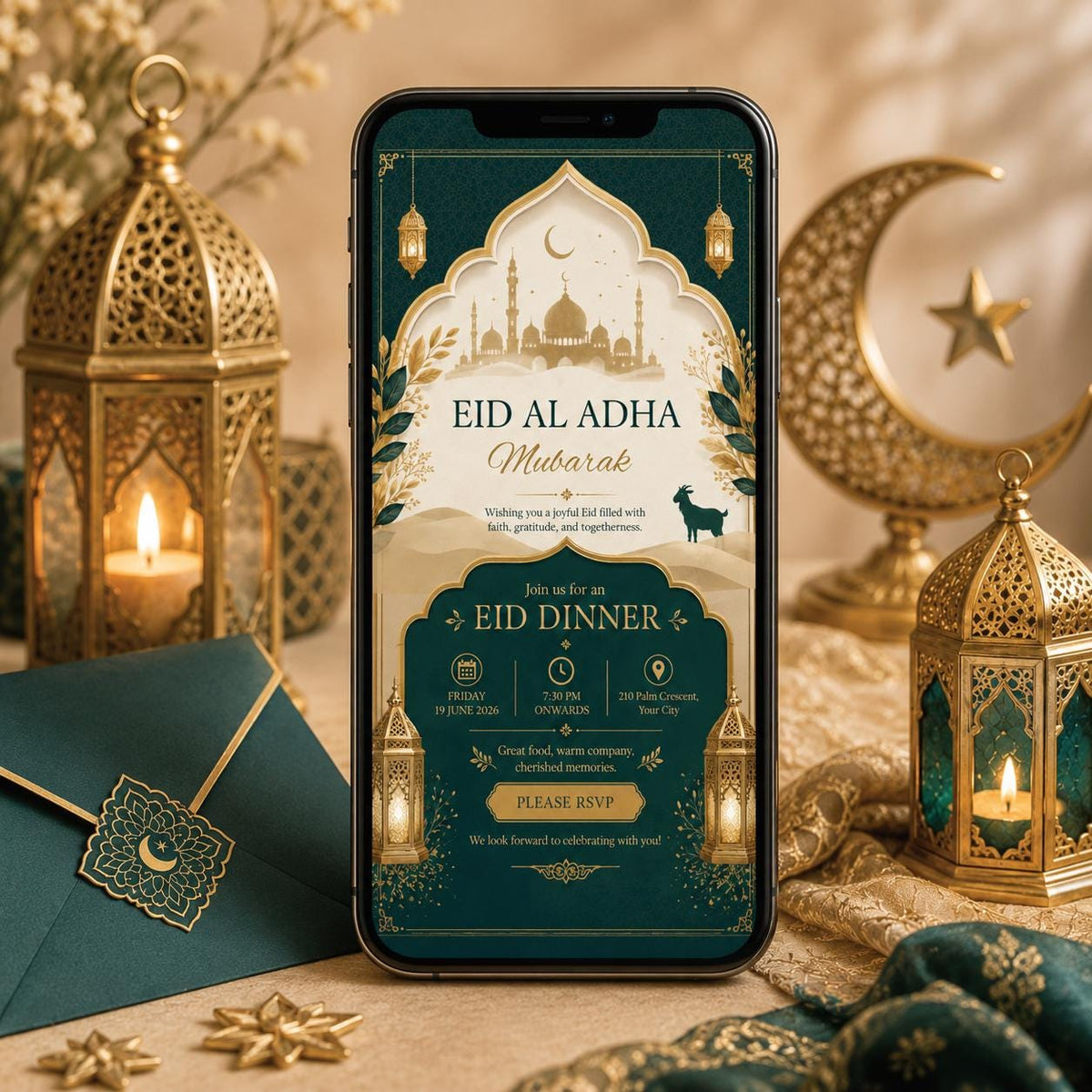 Emerald and Gold Eid al-Adha Dinner Invitation — invitation you personalize in Canva