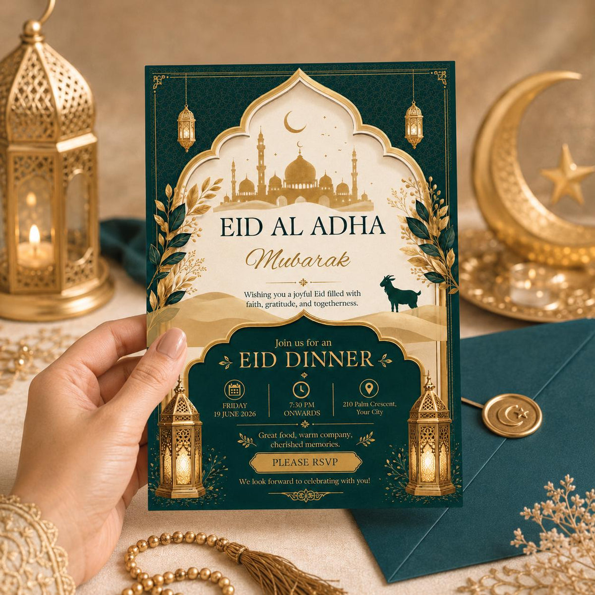 Emerald and Gold Eid al-Adha Dinner Invitation — print-ready Eid al-Adha celebration design from VoltBy