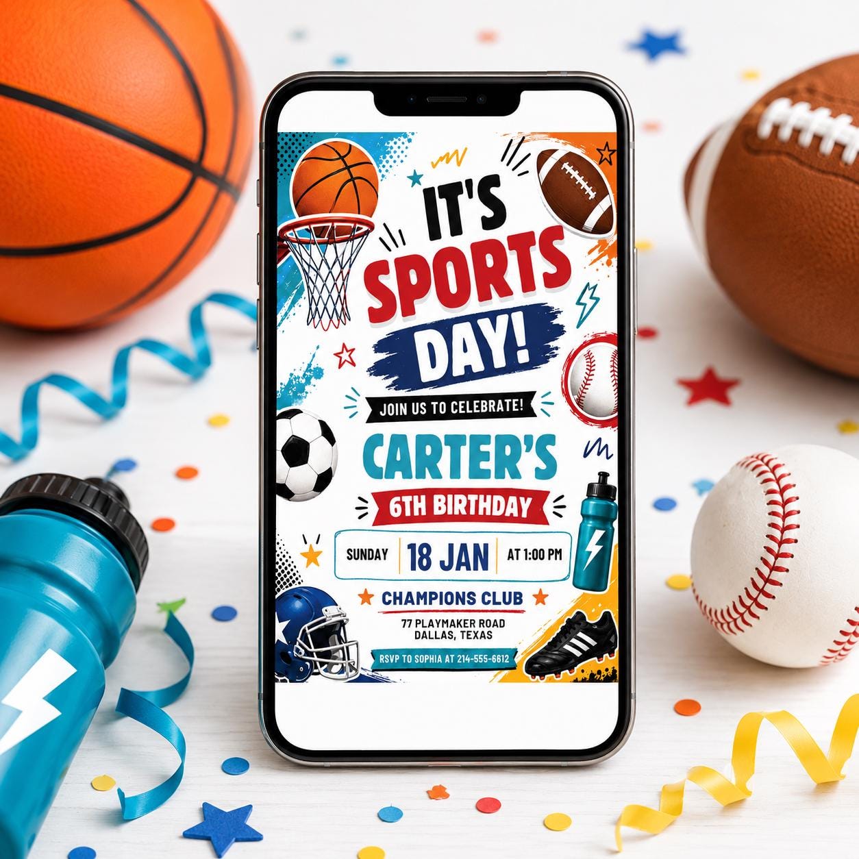 Sports Birthday Invitation, Editable Canva Template, Printable All-Star Party Invite, Multi-Sport Theme Birthday Card for Kids, Canva __etsy:8071771019