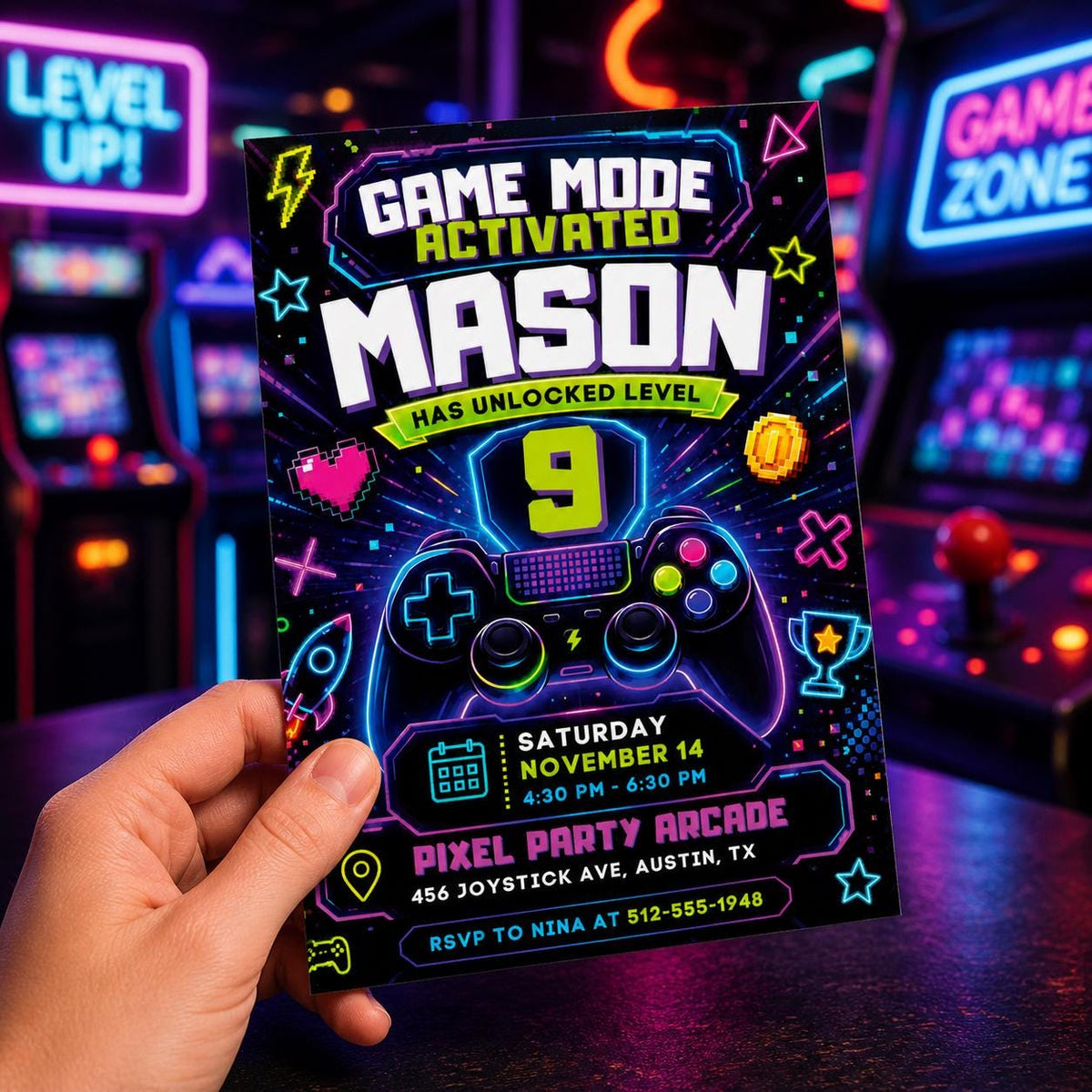 Game Mode Activated 9th Birthday Invitation — digital invitation, instant download
