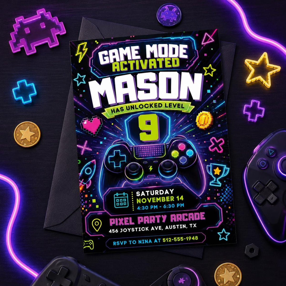 Game Mode Activated 9th Birthday Invitation — invitation you personalize in Canva