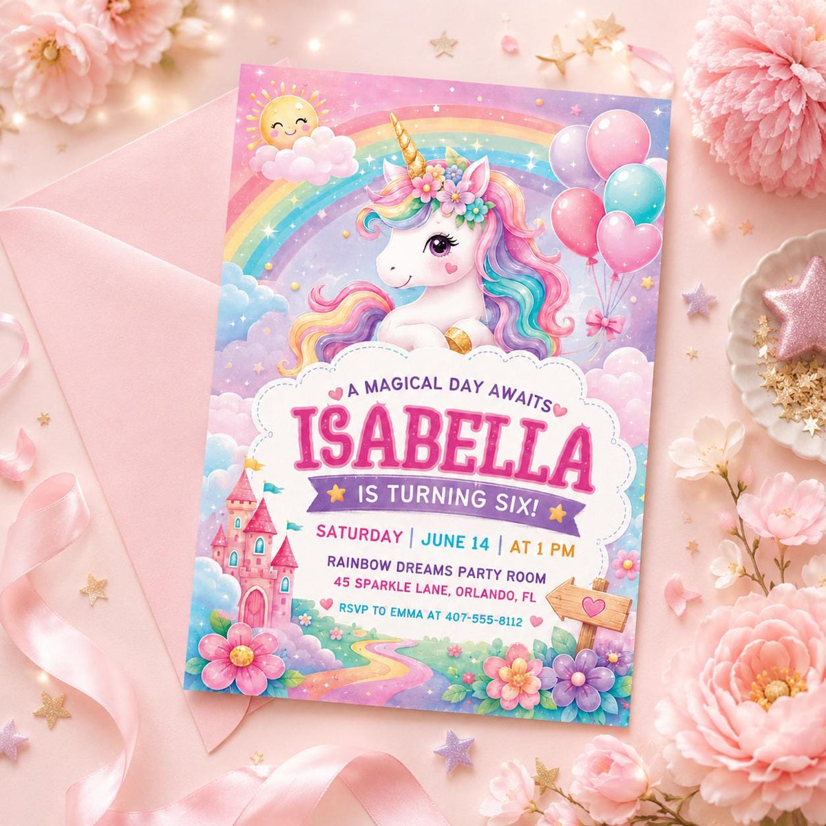 Pastel Unicorn 6th Birthday Invitation with Rainbow Castle — print-ready 6th birthday party design from VoltBy