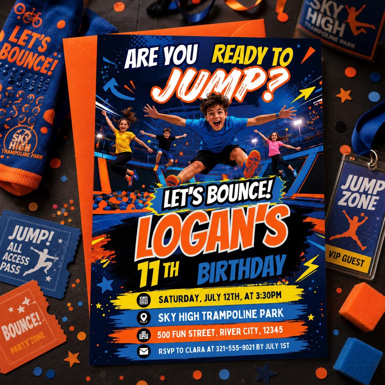 Trampoline Park Birthday Invitation – Jump & Flip Party Digital Invite, Editable Canva Template for Kids and Teens,  Canva Template __etsy:8071772923