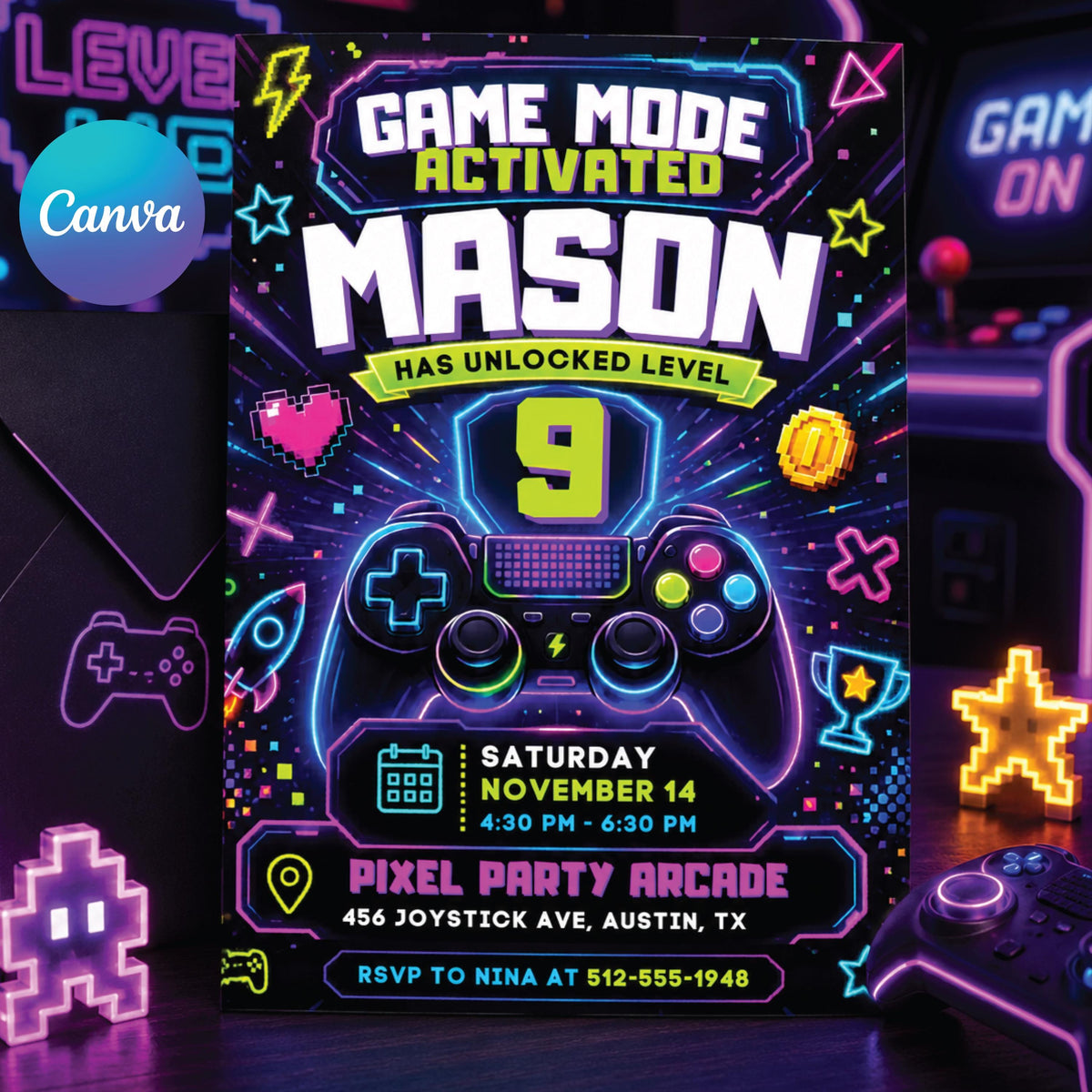 Game Mode Activated 9th Birthday Invitation — editable Canva template