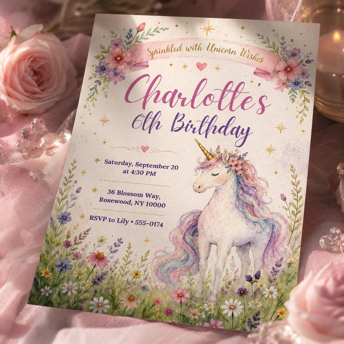 Watercolor Unicorn 6th Birthday Invitation with Meadow Flowers — invitation you personalize in Canva