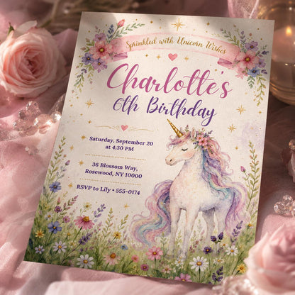 Watercolor Unicorn 6th Birthday Invitation with Meadow Flowers — invitation you personalize in Canva