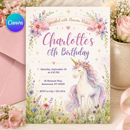 Watercolor Unicorn 6th Birthday Invitation with Meadow Flowers — editable Canva template