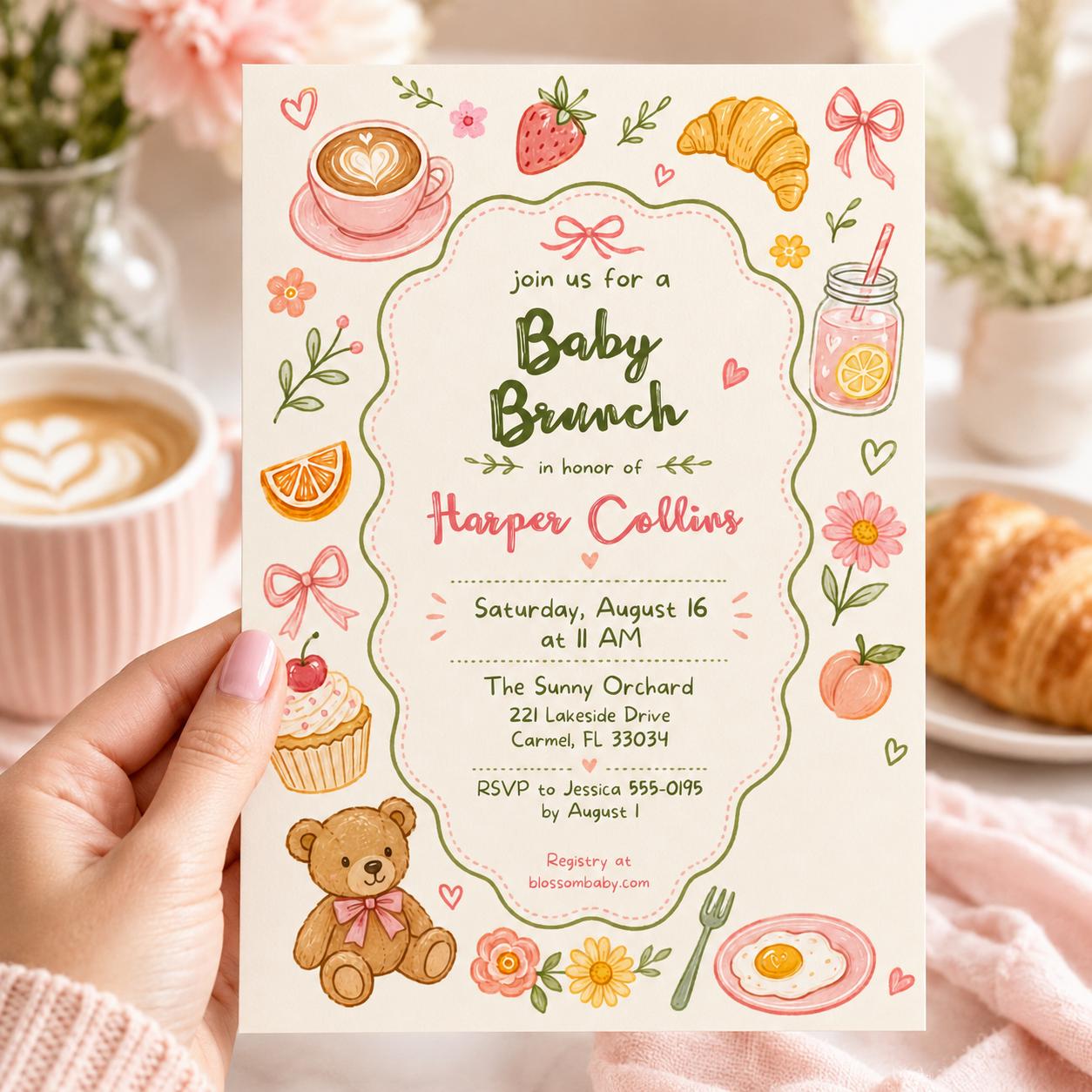 Baby Brunch Pink Bow, Baby Brunch Baby Shower Invitation, Blueberry Pancake Baby Shower Invite, Blueberry Baby Shower Brunch, Canva Template __etsy:8071961364