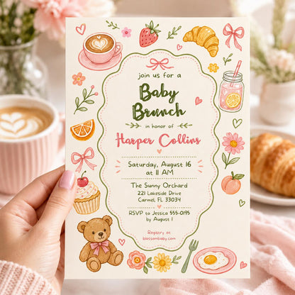 Baby Brunch Pink Bow, Baby Brunch Baby Shower Invitation, Blueberry Pancake Baby Shower Invite, Blueberry Baby Shower Brunch, Canva Template __etsy:8071961364