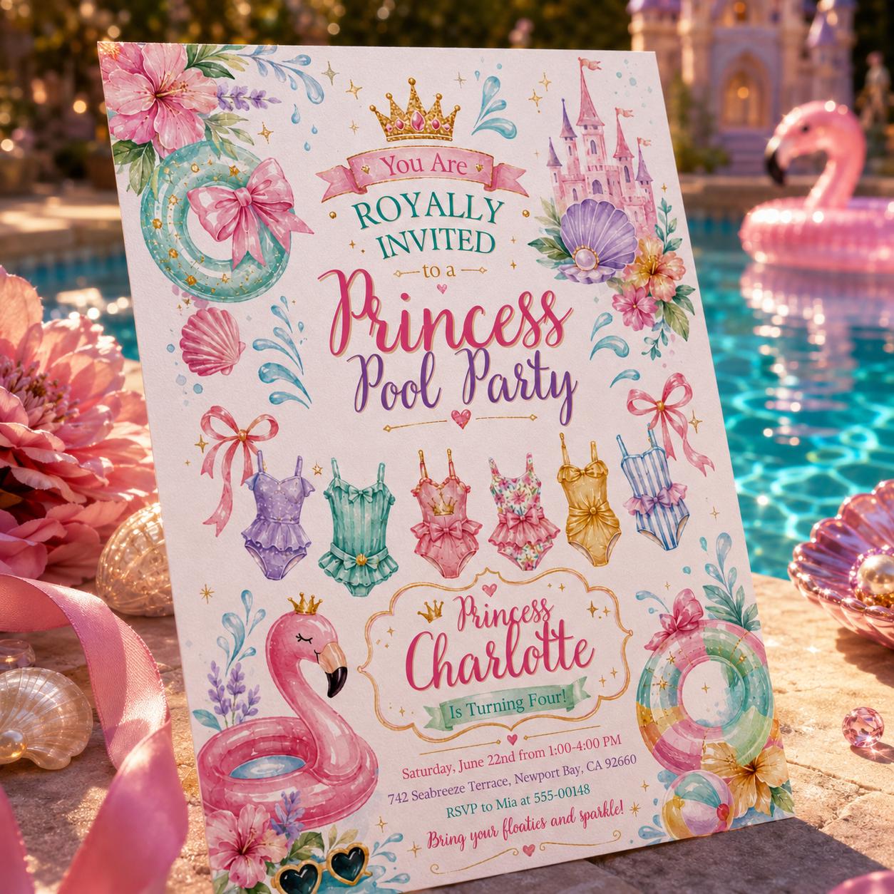 Princess Pool Party Invitation Template, Splash Bash Summer Water Slide Pool Party Invite, Pink Girly Summer invite, Editable Canva Template __etsy:8072092334