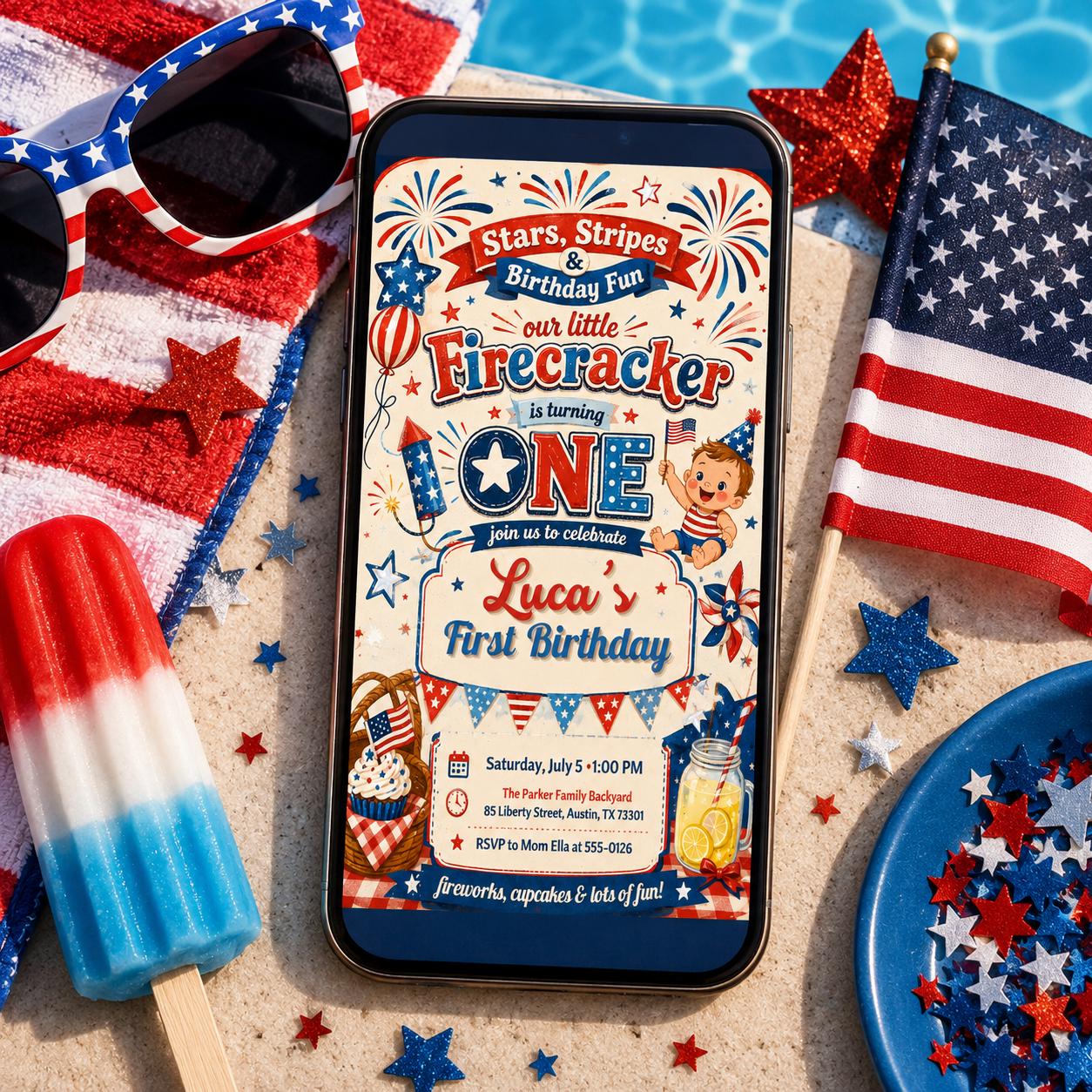 Editable Firecracker First Birthday, 4th of July Birthday Invitation, Patriotic Girl Birthday Invite Little Firecracker Party Canva Template __etsy:8072094200