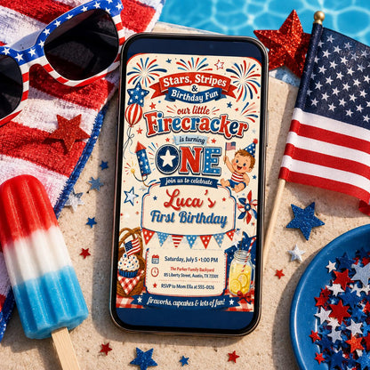Editable Firecracker First Birthday, 4th of July Birthday Invitation, Patriotic Girl Birthday Invite Little Firecracker Party Canva Template __etsy:8072094200