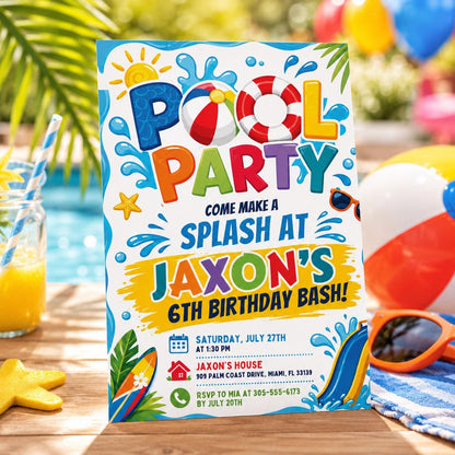 Splash Pool Party 6th Birthday Invitation in Blue and Yellow — beach design