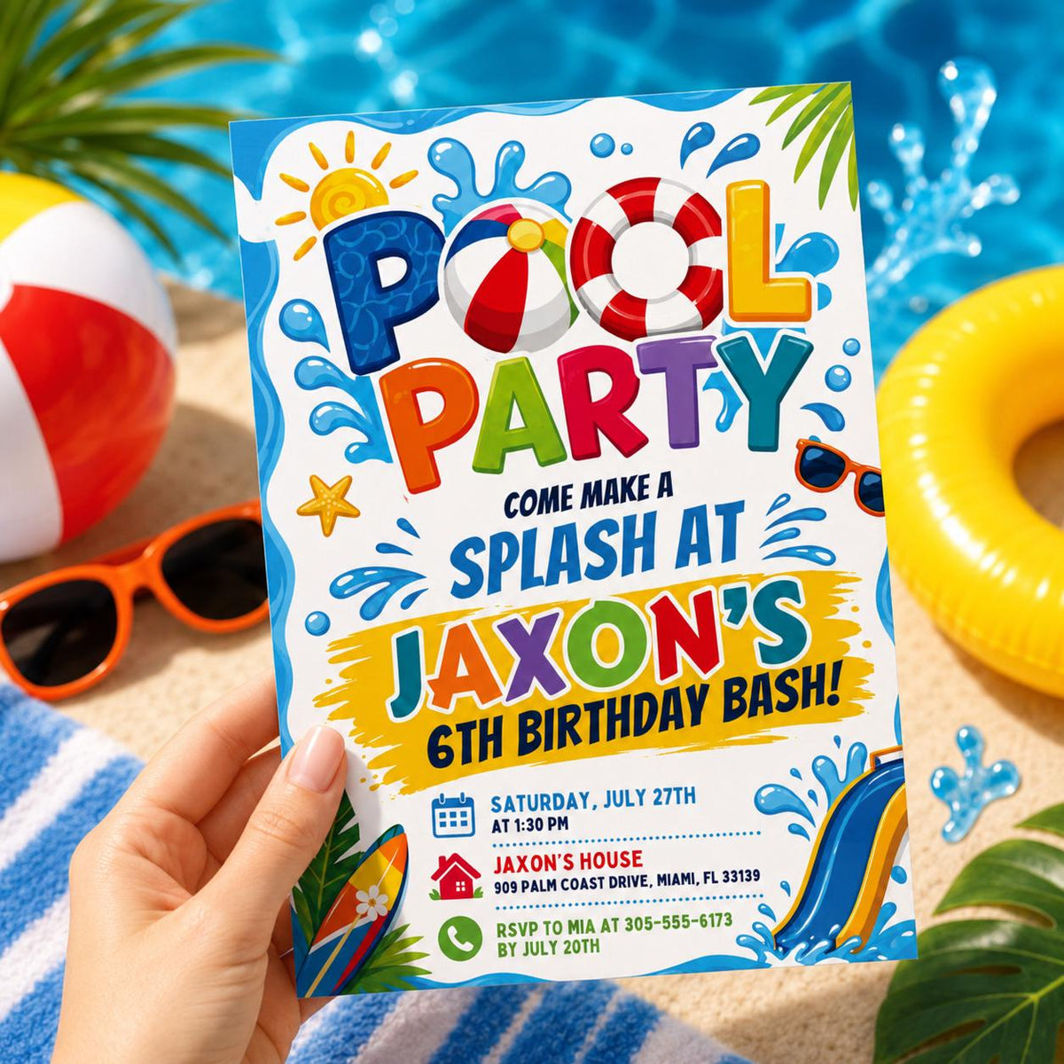Splash Pool Party 6th Birthday Invitation in Blue and Yellow — invitation you personalize in Canva